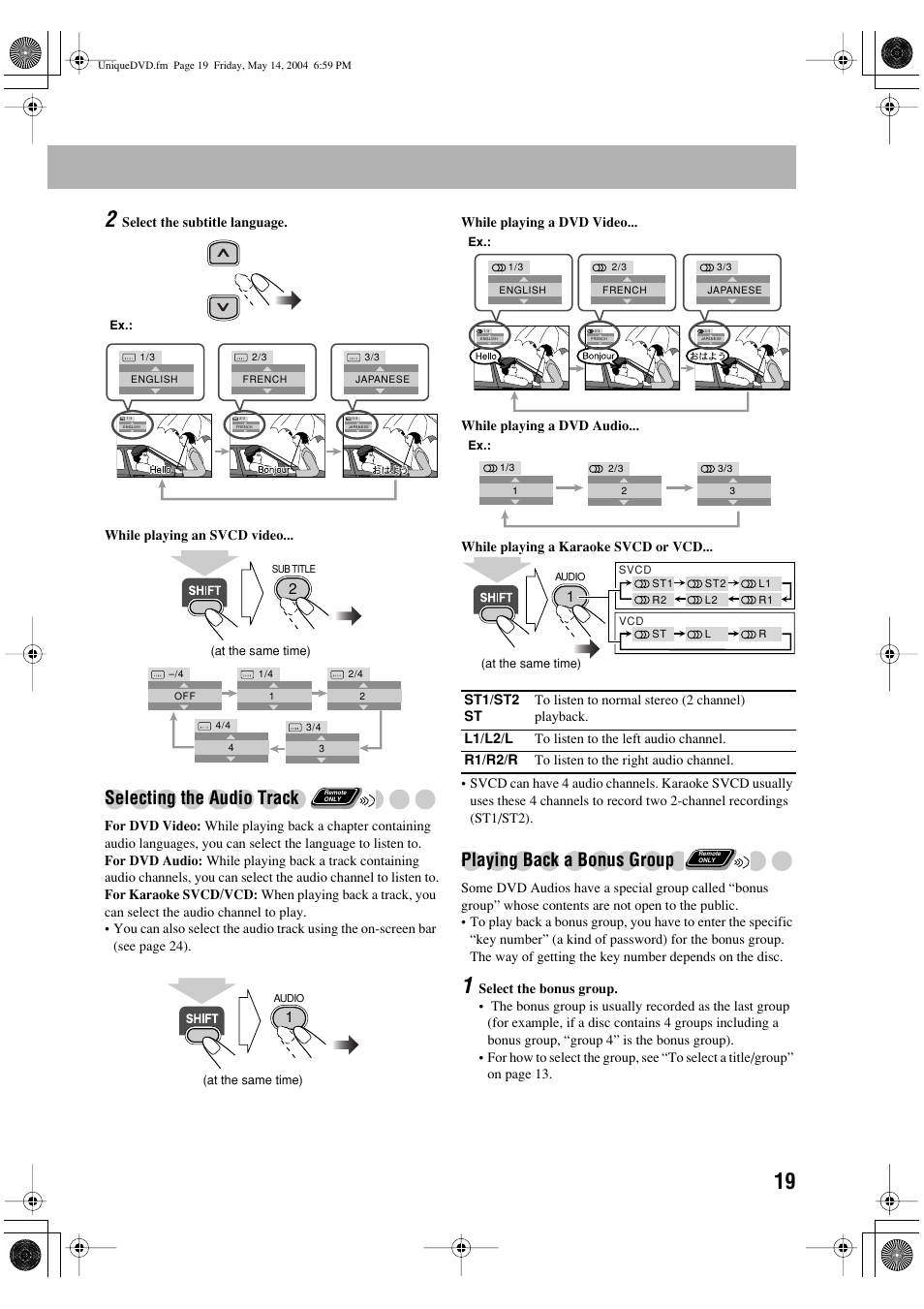 Selecting the audio track, Playing back a bonus group | JVC UX-P450 User Manual | Page 170 / 198