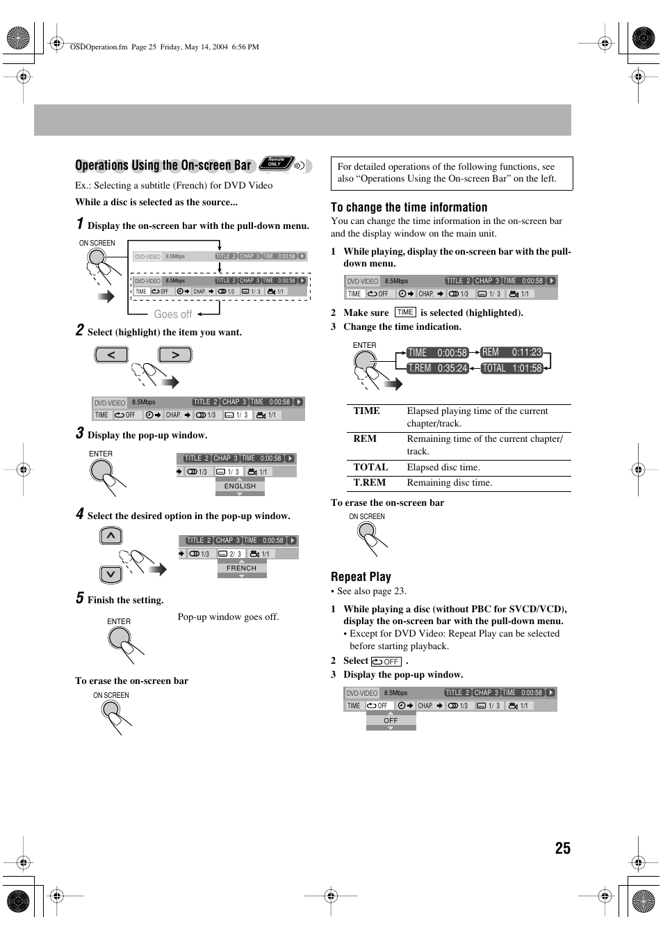 Operations using the on-screen bar, Repeat play, Goes off | JVC UX-P450 User Manual | Page 176 / 198