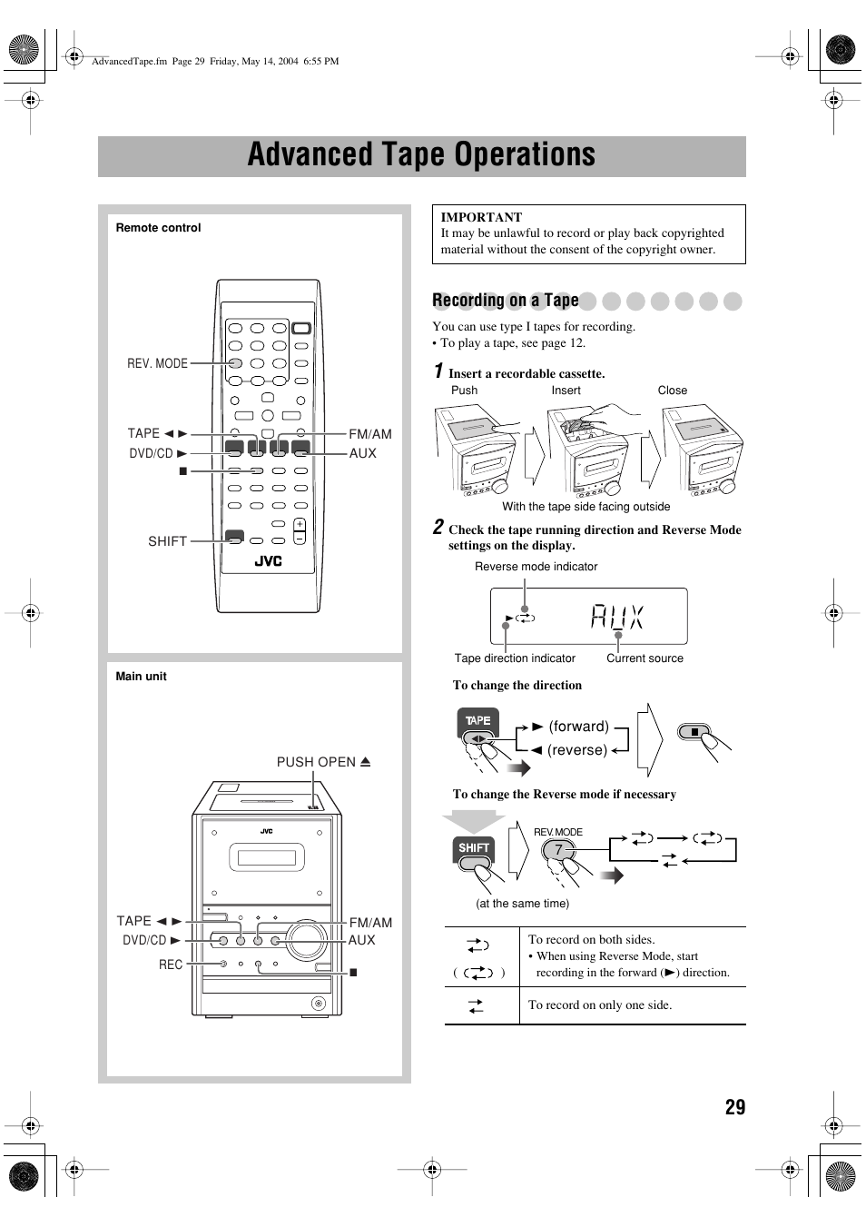 Advanced tape operations, Recording on a tape | JVC UX-P450 User Manual | Page 180 / 198