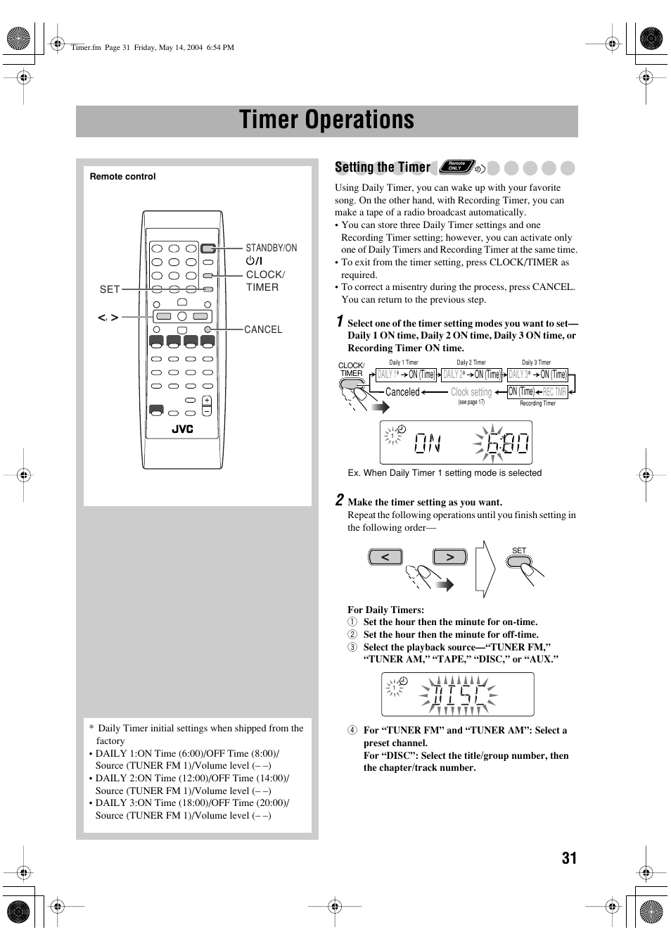 Timer operations, Setting the timer | JVC UX-P450 User Manual | Page 182 / 198