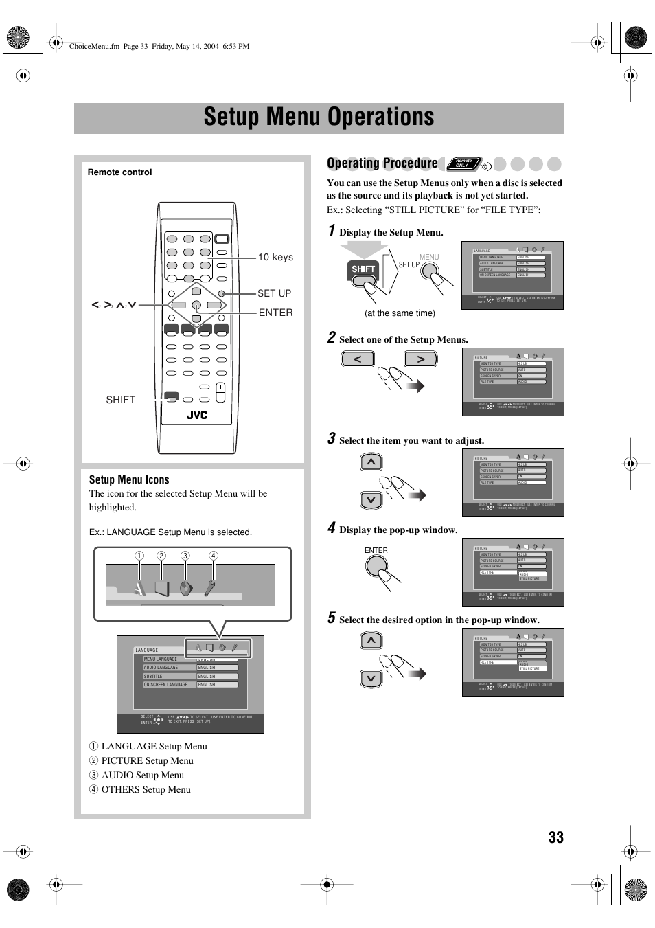 Setup menu operations, Operating procedure, Setup menu icons | Display the setup menu, Select one of the setup menus, Select the item you want to adjust, Display the pop-up window | JVC UX-P450 User Manual | Page 184 / 198