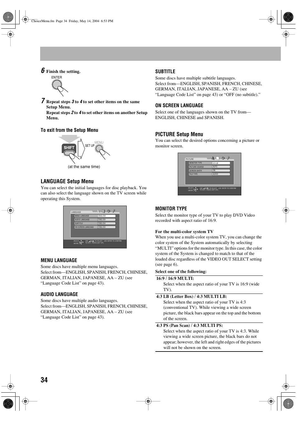 Language setup menu, Picture setup menu | JVC UX-P450 User Manual | Page 185 / 198