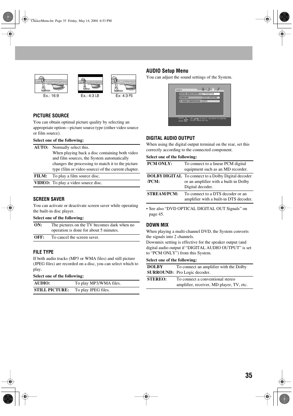 Audio setup menu | JVC UX-P450 User Manual | Page 186 / 198