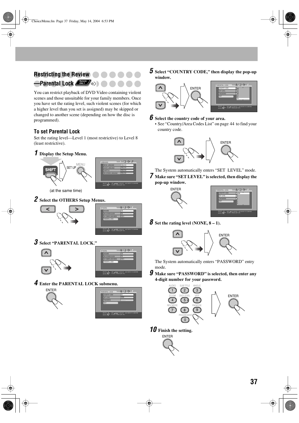 Restricting the review —parental lock, Display the setup menu, Select the others setup menus | Select “parental lock, Enter the parental lock submenu, Finish the setting | JVC UX-P450 User Manual | Page 188 / 198