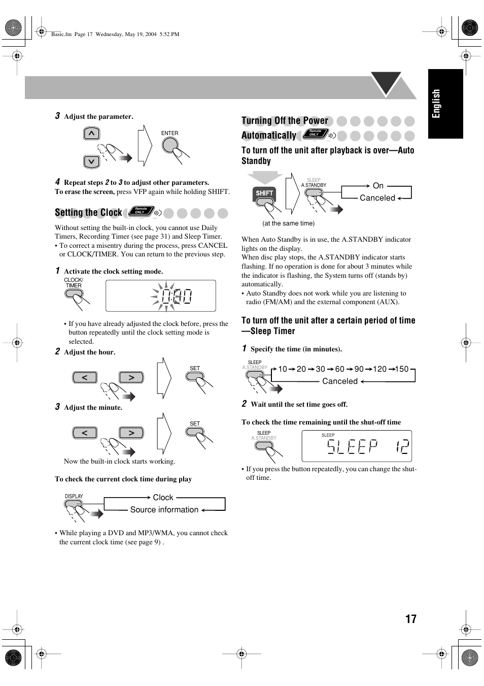 English, Setting the clock, Turning off the power automatically | JVC UX-P450 User Manual | Page 19 / 198