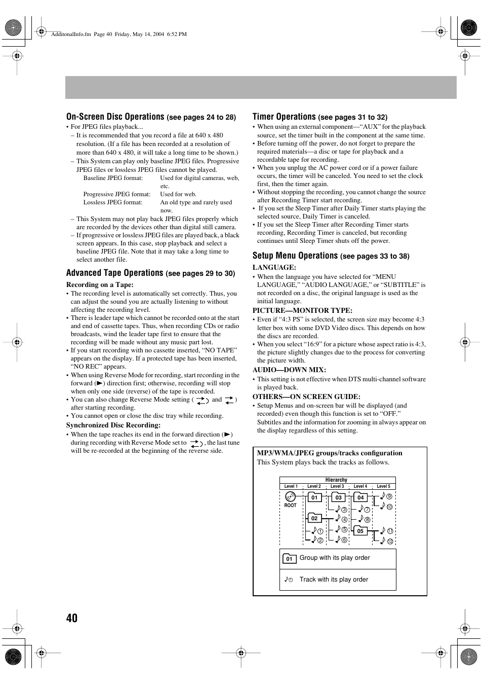 On-screen disc operations, Advanced tape operations, Timer operations | Setup menu operations | JVC UX-P450 User Manual | Page 191 / 198