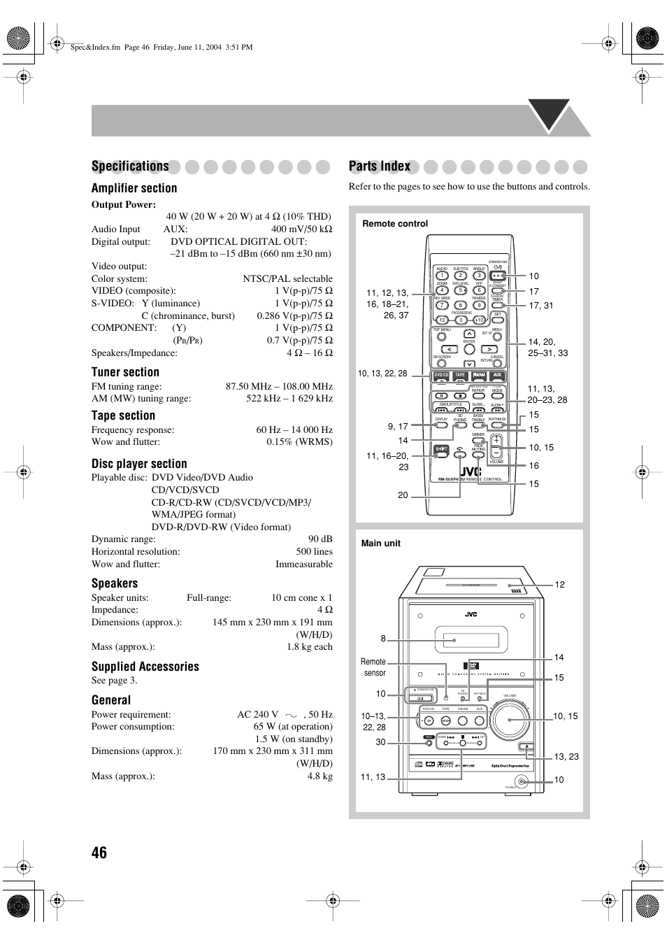 Specifications, Parts index, Speakers | Supplied accessories, General | JVC UX-P450 User Manual | Page 197 / 198