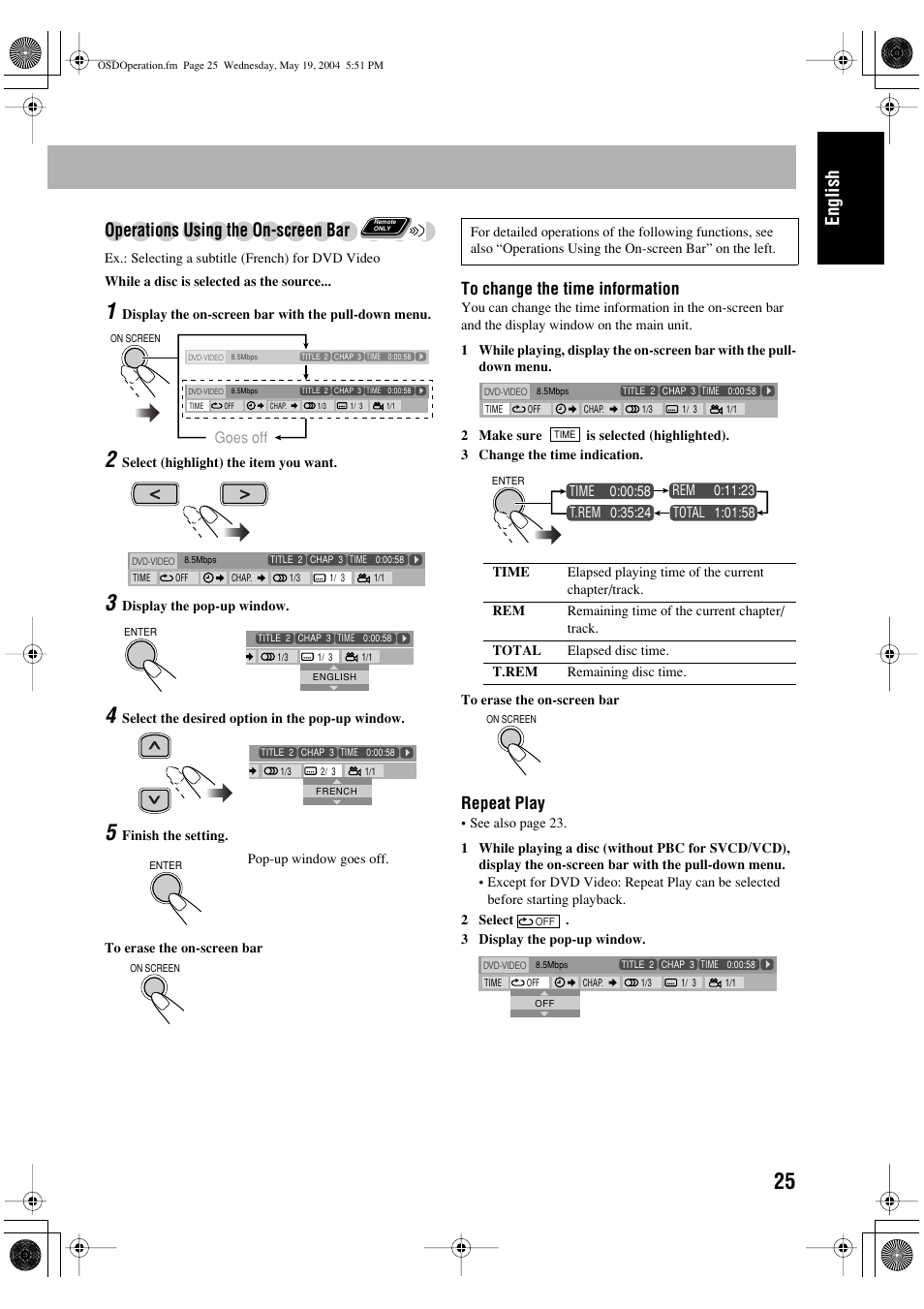 English, Operations using the on-screen bar, Repeat play | Goes off | JVC UX-P450 User Manual | Page 27 / 198