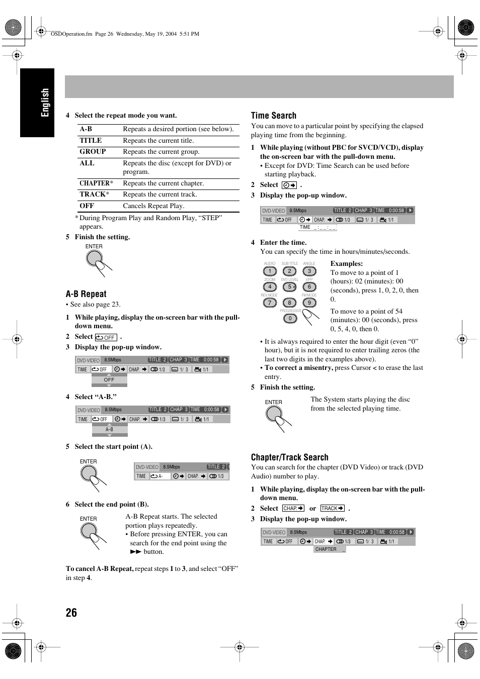 English, A-b repeat, Time search | Chapter/track search | JVC UX-P450 User Manual | Page 28 / 198