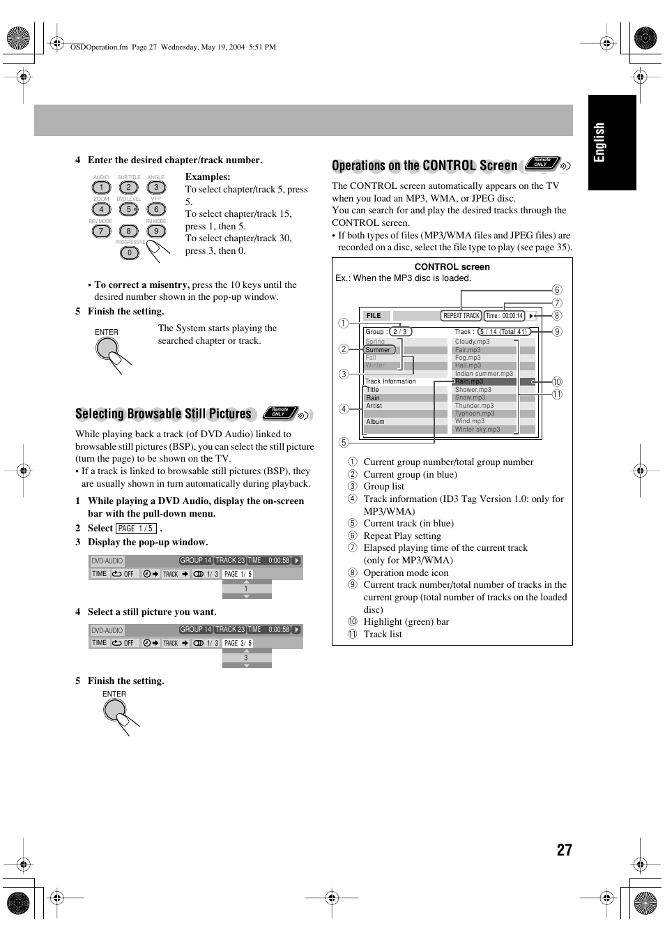 English, Selecting browsable still pictures, Operations on t | He control screen | JVC UX-P450 User Manual | Page 29 / 198