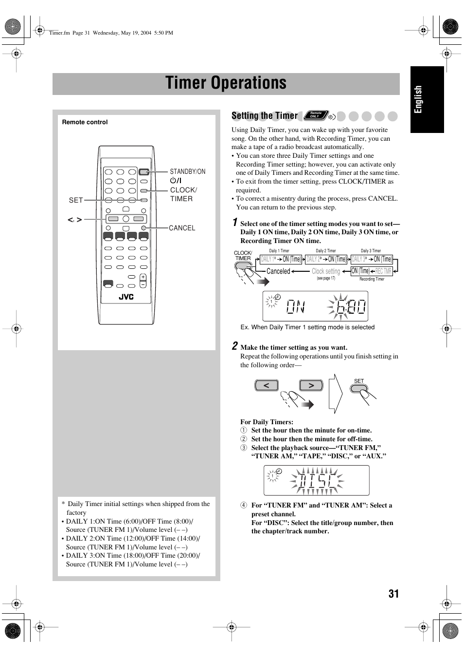 Timer operations, English, Setting the timer | JVC UX-P450 User Manual | Page 33 / 198