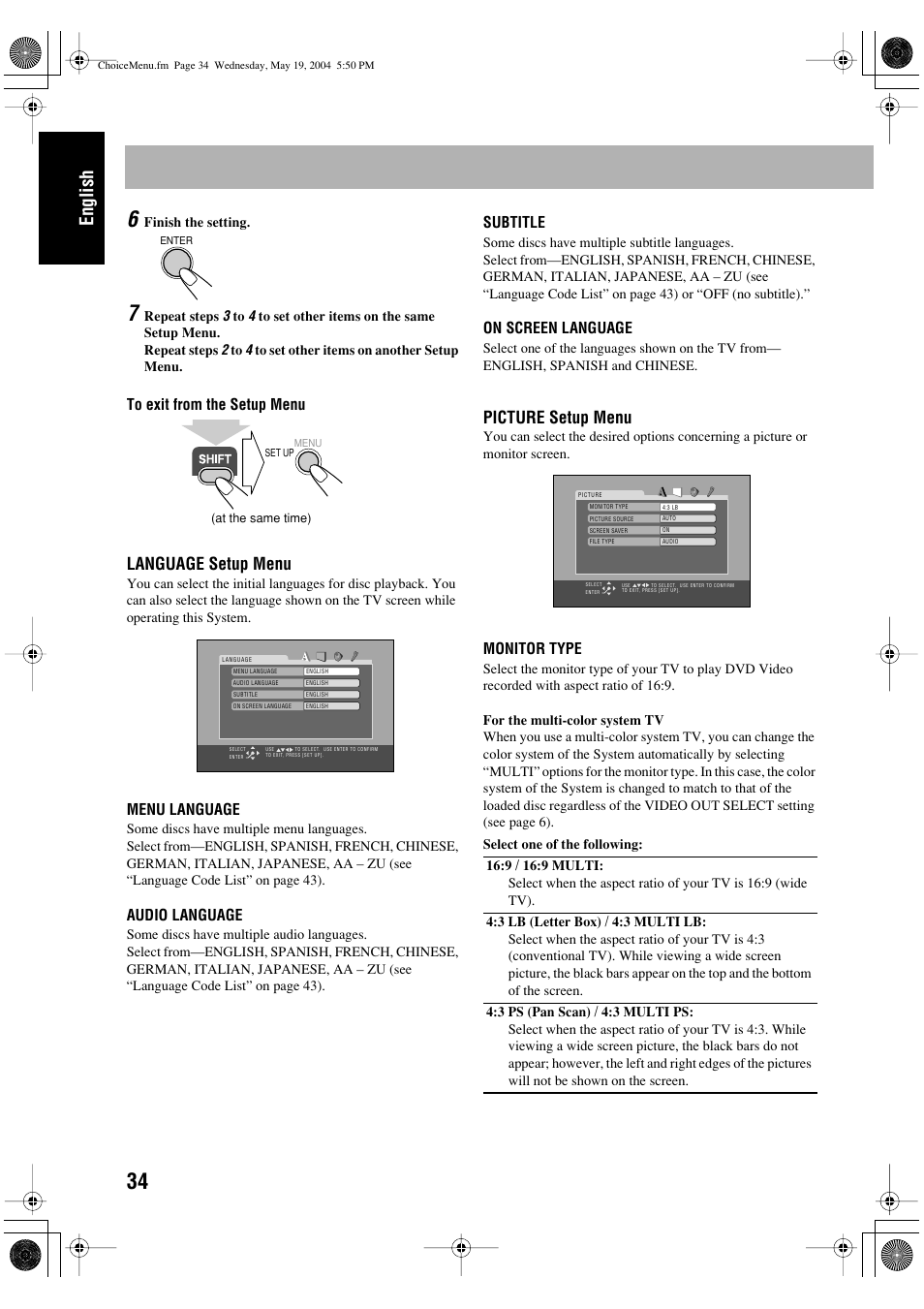 English, Language setup menu, Picture setup menu | JVC UX-P450 User Manual | Page 36 / 198