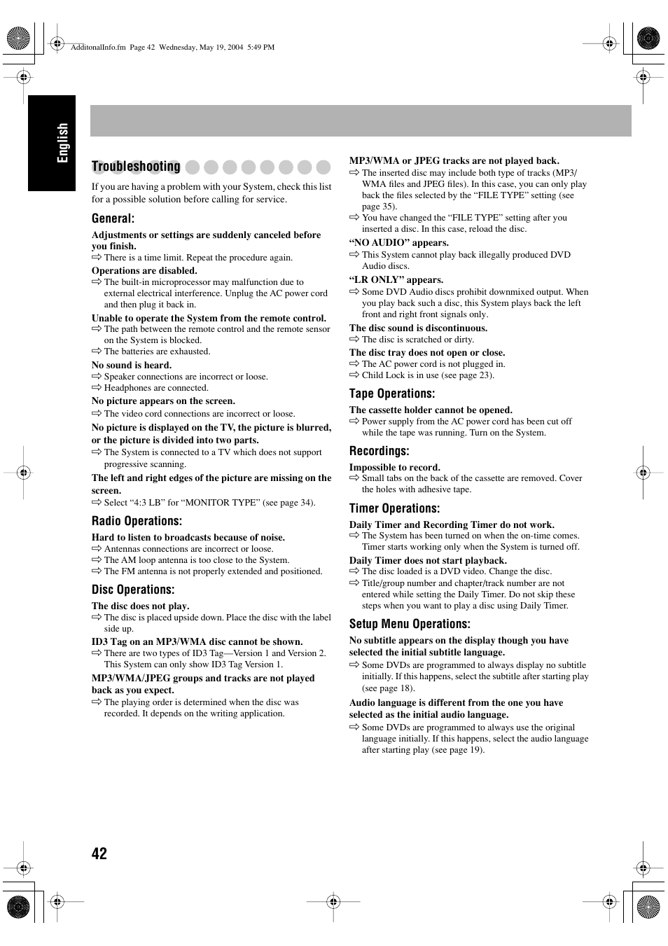 English troubleshooting | JVC UX-P450 User Manual | Page 44 / 198