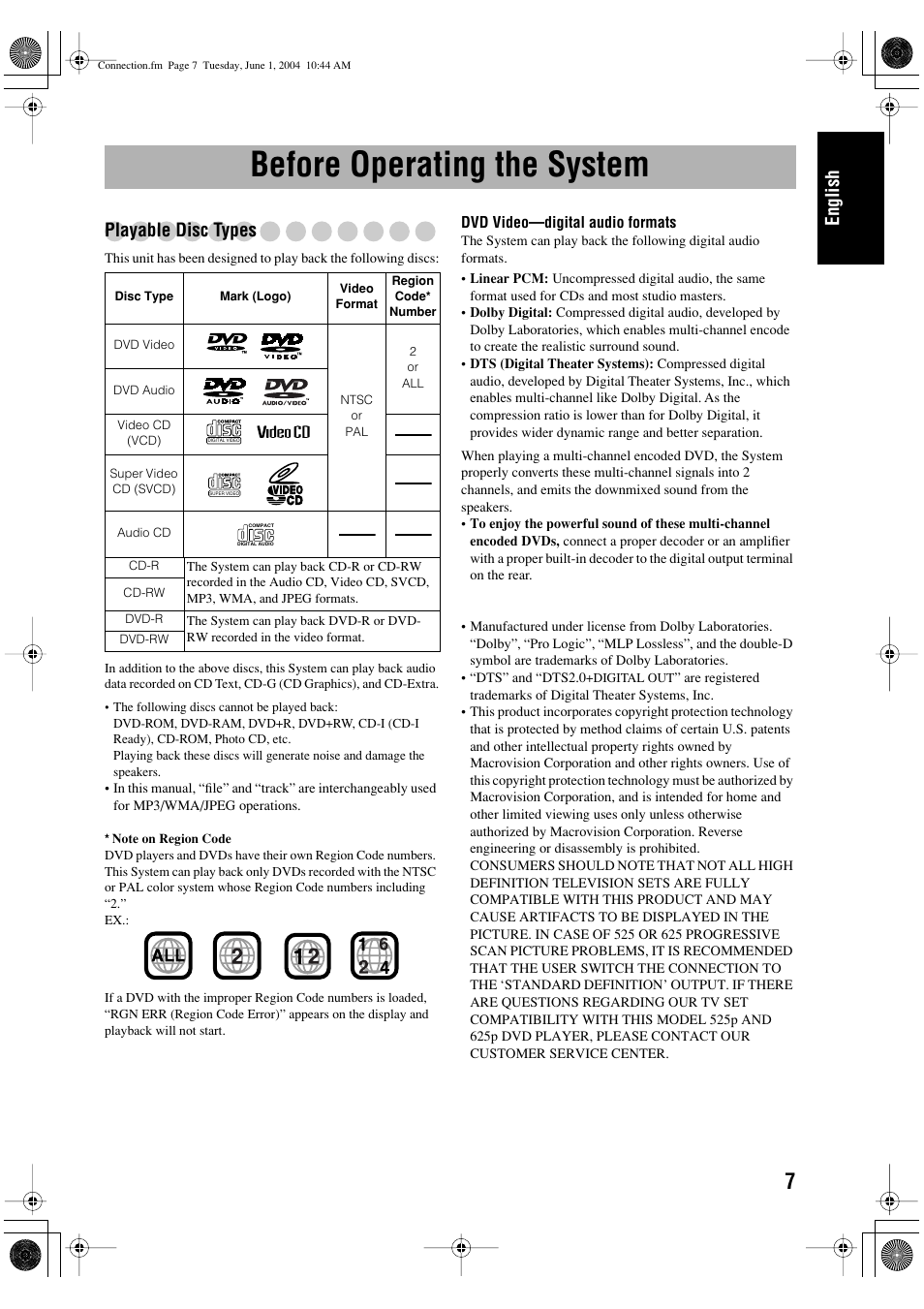 Before operating the system, English, Playable disc types | JVC UX-P450 User Manual | Page 60 / 198
