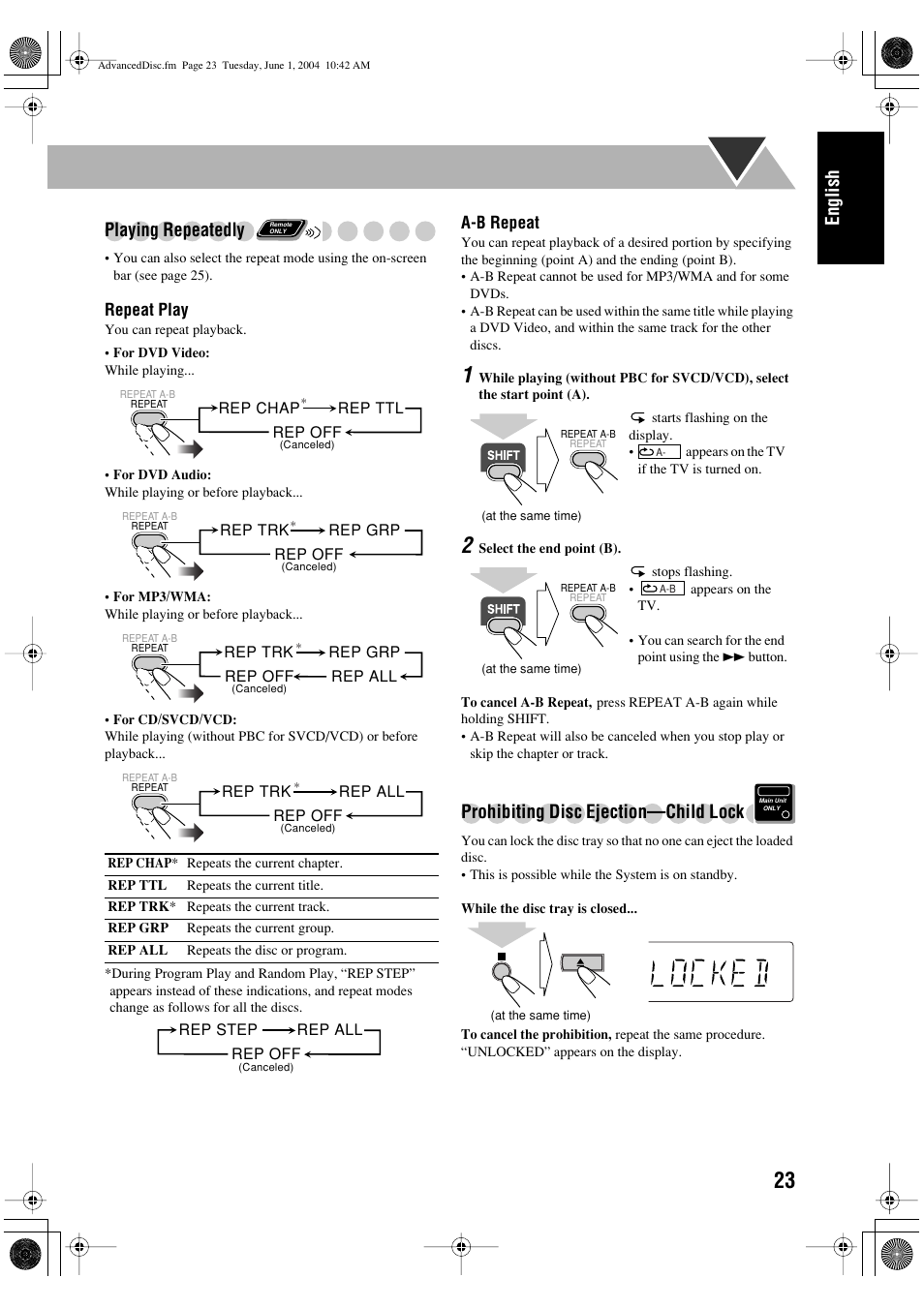 English, Playing repeatedly, Prohibiting disc ejection—child lock | JVC UX-P450 User Manual | Page 76 / 198