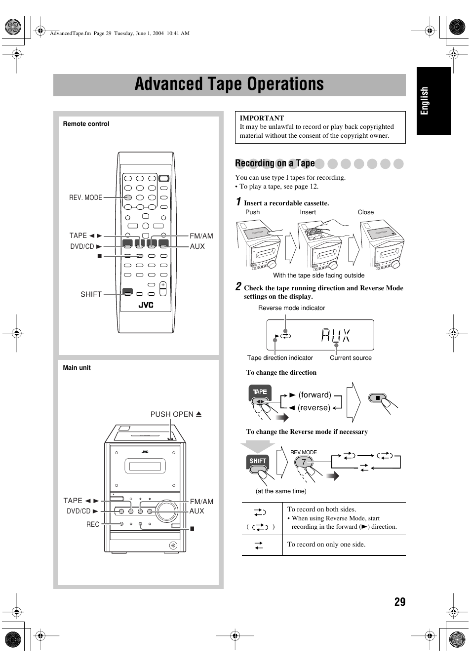 Advanced tape operations, English, Recording on a tape | JVC UX-P450 User Manual | Page 82 / 198