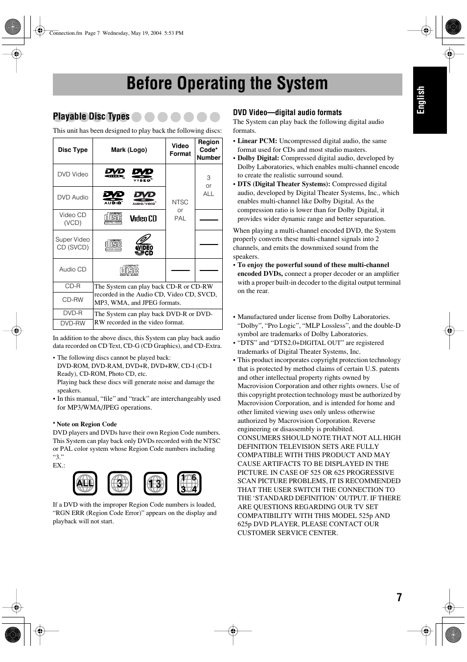 Before operating the system, English, Playable disc types | JVC UX-P450 User Manual | Page 9 / 198