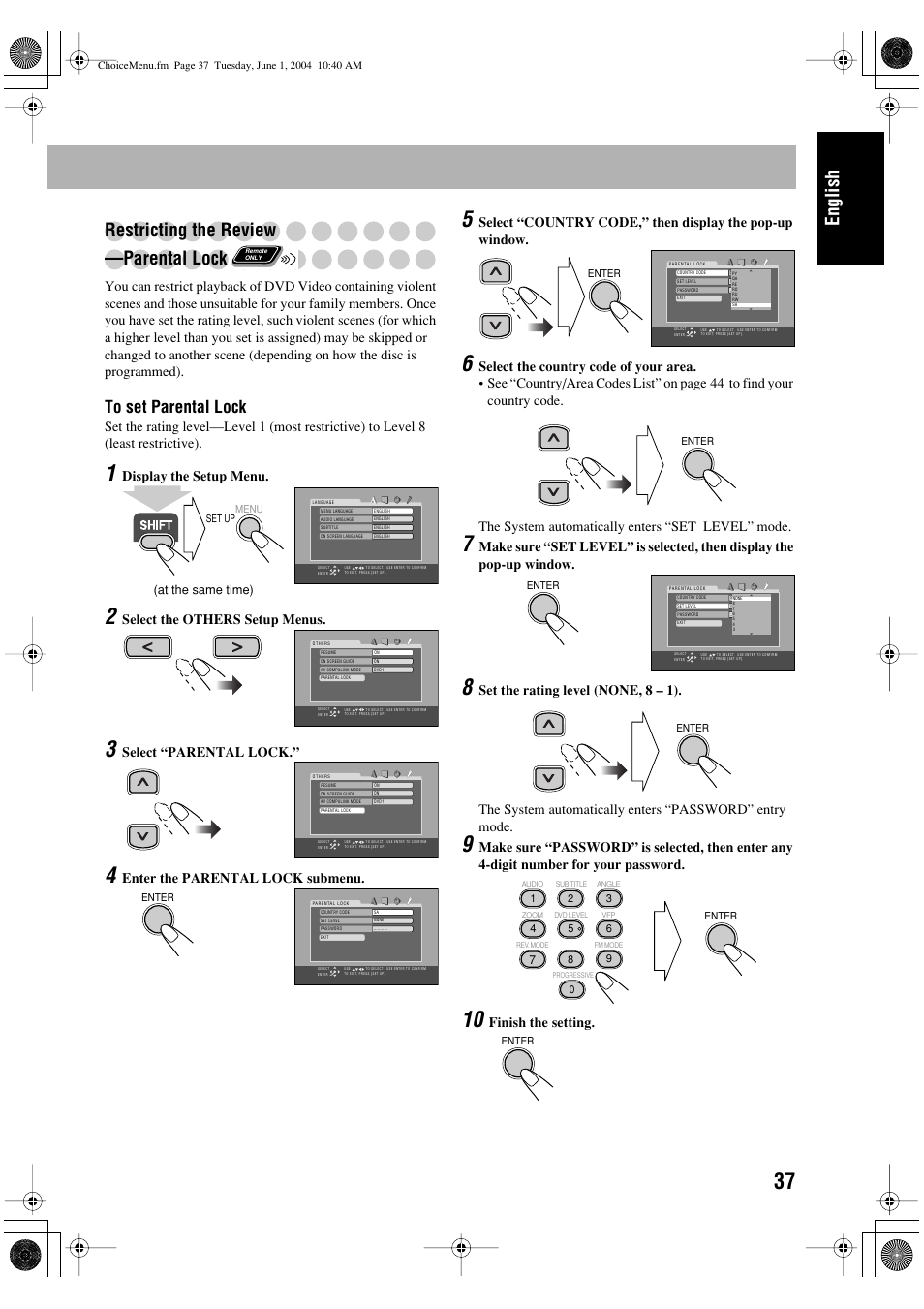English restricting the review —parental lock, Display the setup menu, Select the others setup menus | Select “parental lock, Enter the parental lock submenu, Finish the setting | JVC UX-P450 User Manual | Page 90 / 198