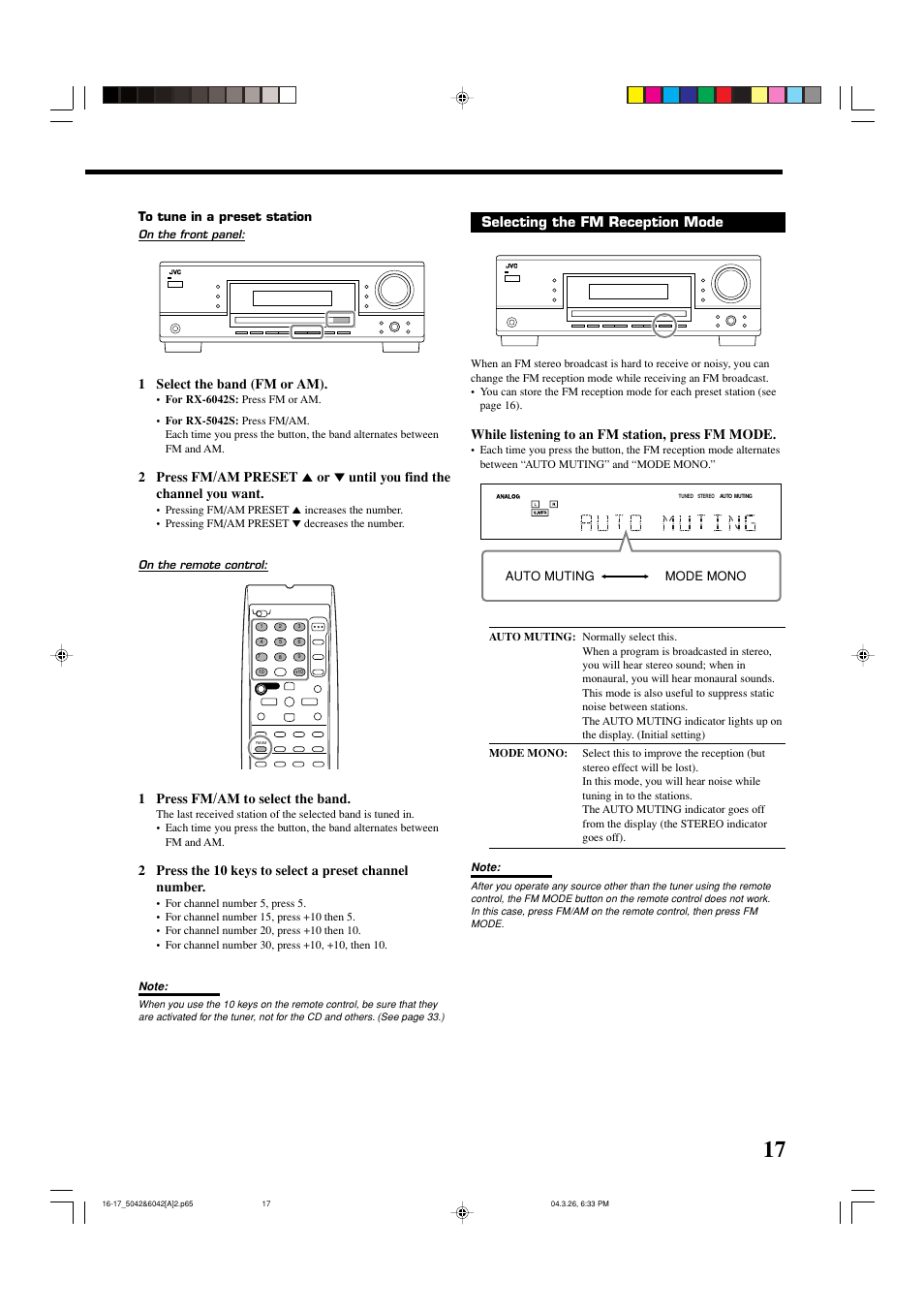 1 select the band (fm or am), 1 press fm/am to select the band, Selecting the fm reception mode | While listening to an fm station, press fm mode, Auto muting mode mono | JVC 0404RYMMDWJEIN User Manual | Page 19 / 42