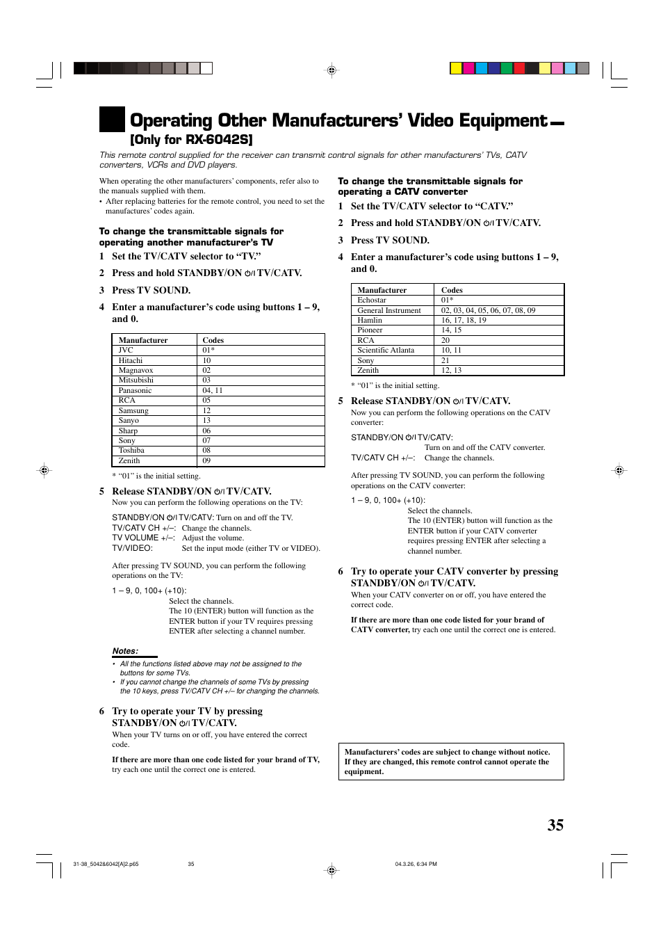 Operating other manufacturers’ video equipment, Only for rx-6042s | JVC 0404RYMMDWJEIN User Manual | Page 37 / 42