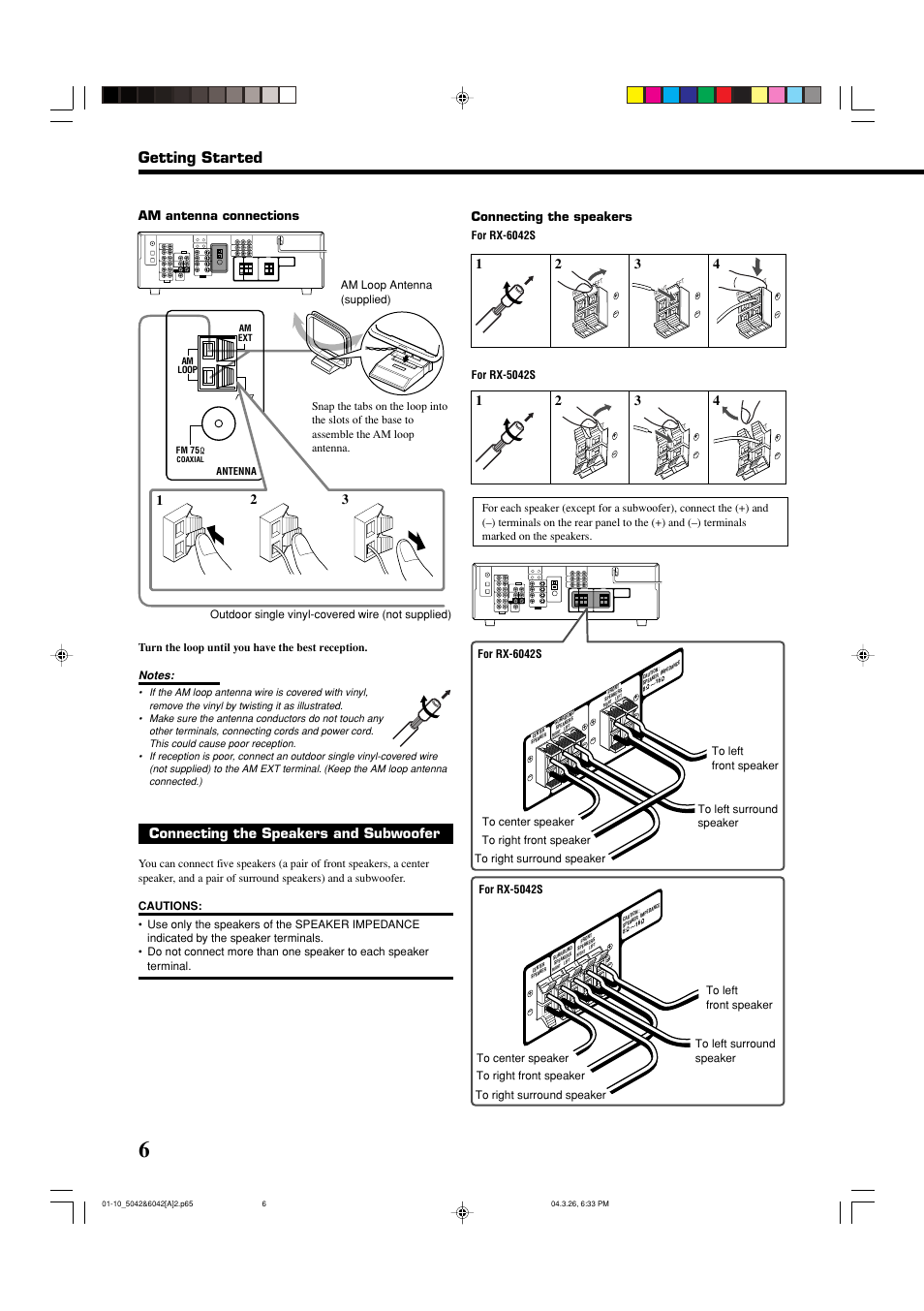 Getting started, Connecting the speakers and subwoofer, Am antenna connections | Connecting the speakers | JVC 0404RYMMDWJEIN User Manual | Page 8 / 42