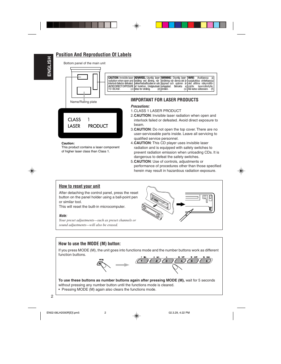 How to reset your unit, How to use the mode (m) button, Position and reproduction of labels | JVC KD-LH2000R User Manual | Page 2 / 58
