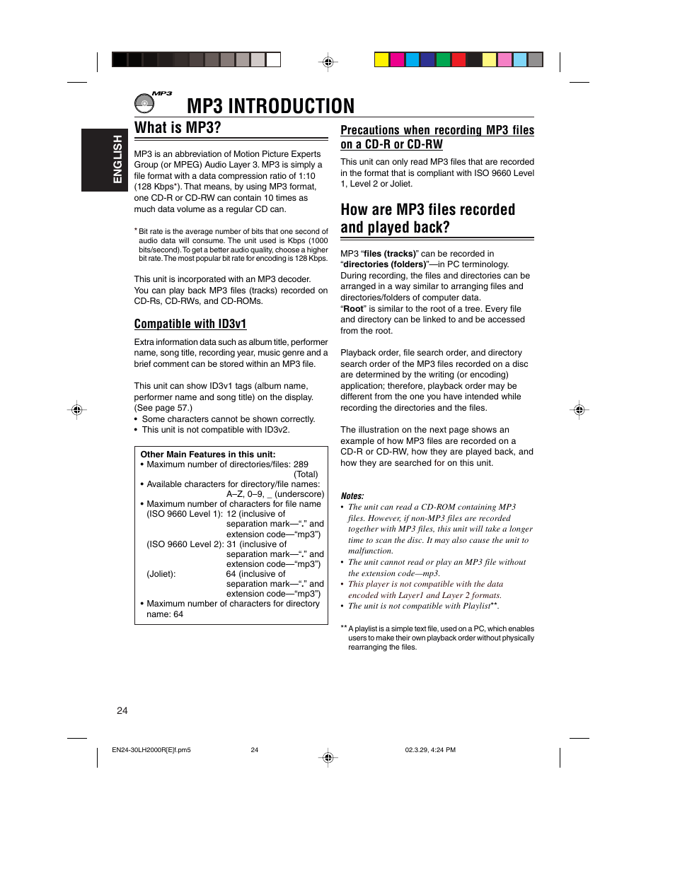 Mp3 introduction, What is mp3, How are mp3 files recorded and played back | Compatible with id3v1 | JVC KD-LH2000R User Manual | Page 24 / 58