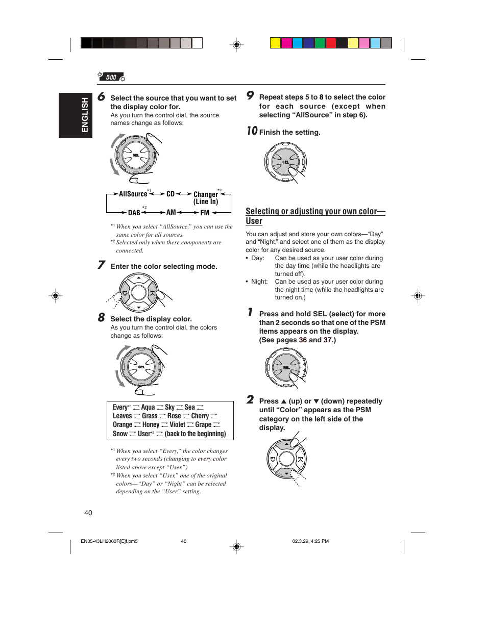 Selecting or adjusting your own color— user | JVC KD-LH2000R User Manual | Page 40 / 58