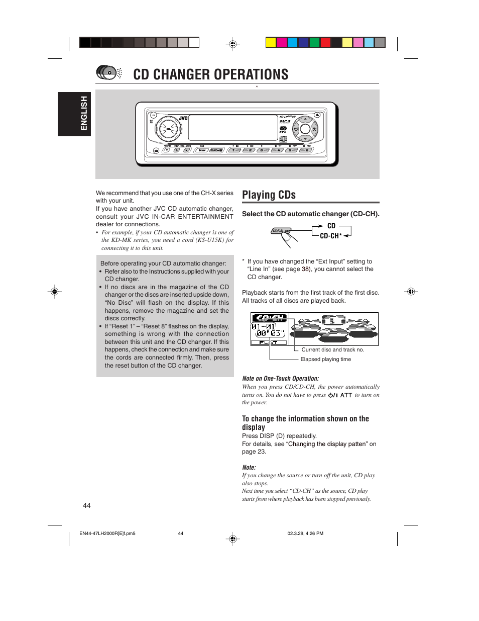 Cd changer operations, Playing cds | JVC KD-LH2000R User Manual | Page 44 / 58