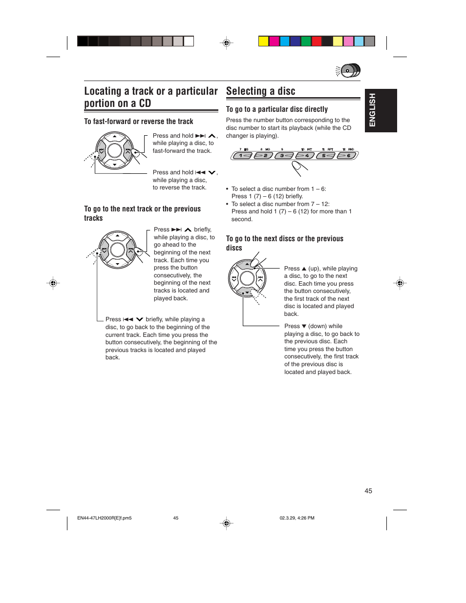 Locating a track or a particular portion on a cd, Selecting a disc | JVC KD-LH2000R User Manual | Page 45 / 58