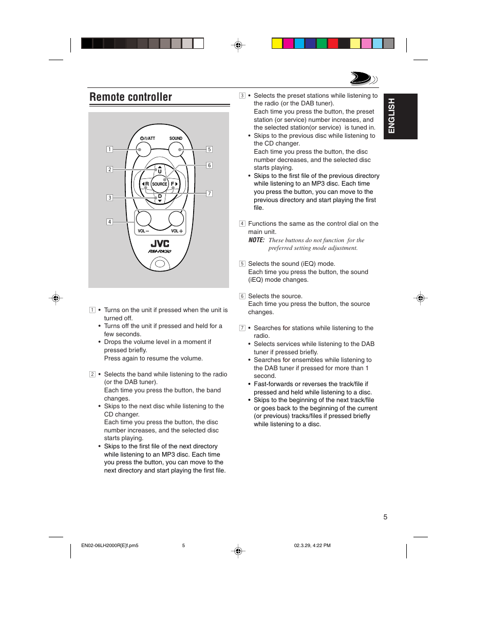 Remote controller | JVC KD-LH2000R User Manual | Page 5 / 58