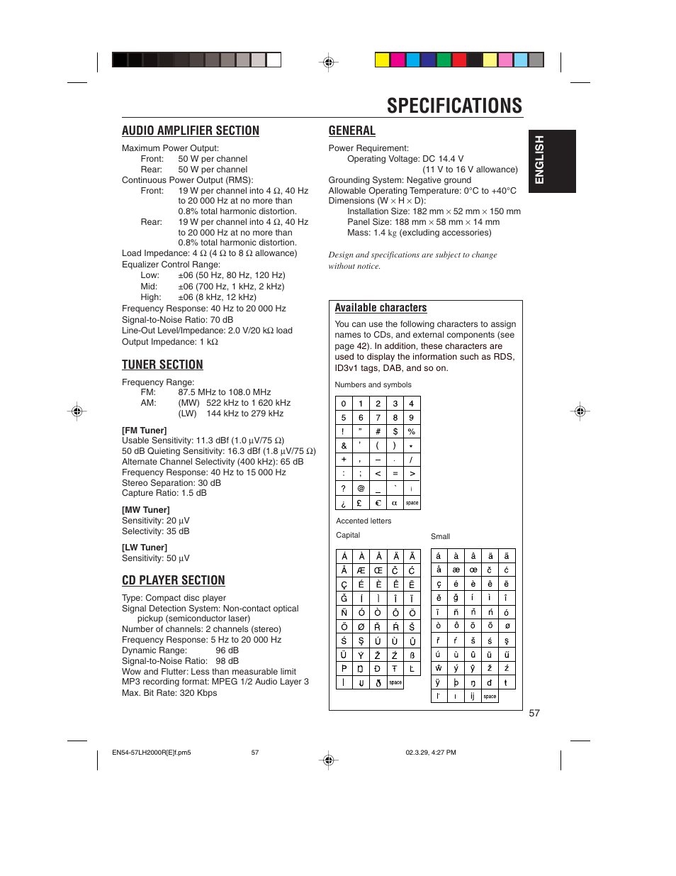 Specifications, General | JVC KD-LH2000R User Manual | Page 57 / 58