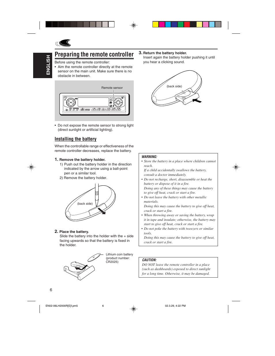 Preparing the remote controller, Installing the battery | JVC KD-LH2000R User Manual | Page 6 / 58