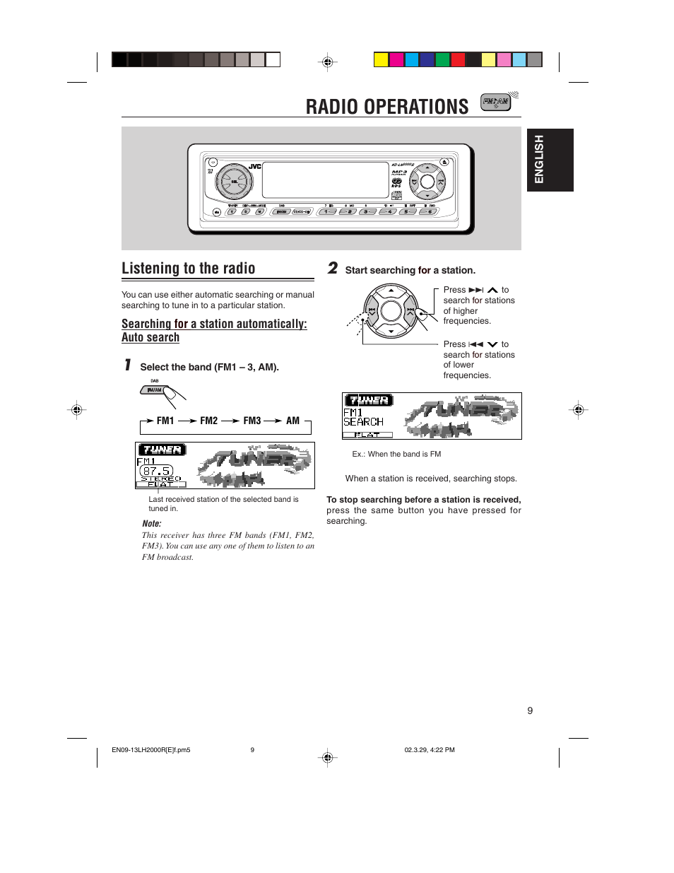 Radio operations, Listening to the radio, Searching for a station automatically: auto search | JVC KD-LH2000R User Manual | Page 9 / 58