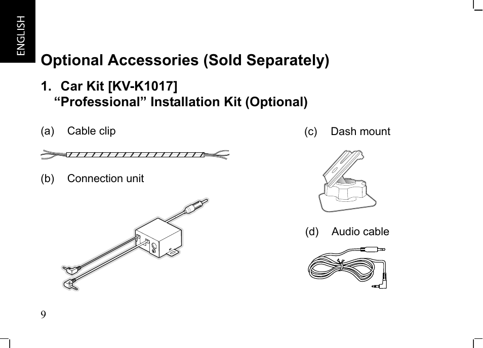 Optional accessories, Optional accessories (sold separately), Car kit [kv-k1017 | Professional” installation kit (optional) | JVC KT-HDP1 User Manual | Page 10 / 38