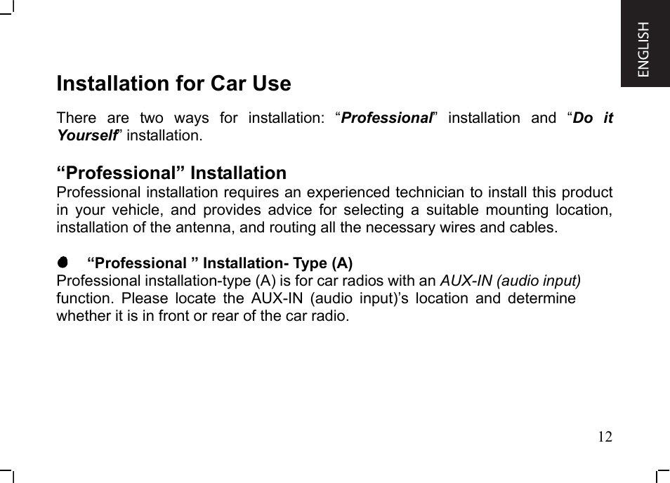 Installation for car use, Professional” installation | JVC KT-HDP1 User Manual | Page 13 / 38