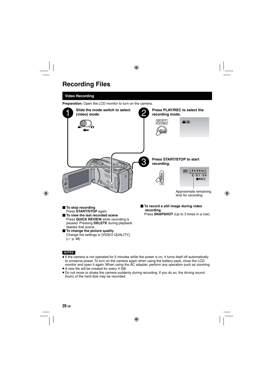 Recording files | JVC Everio GZ-HD10 User Manual | Page 20 / 68