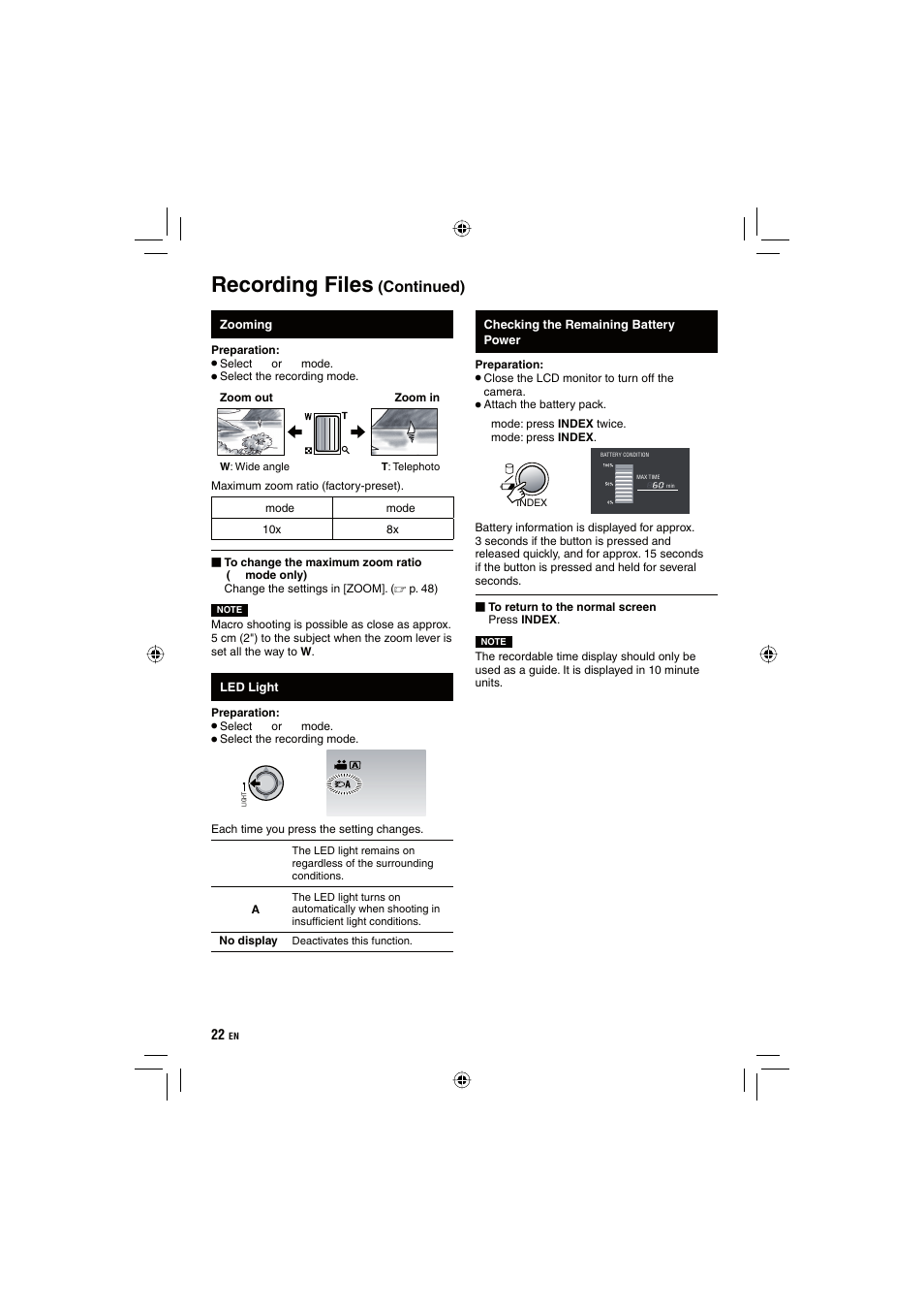 Recording files, Continued) | JVC Everio GZ-HD10 User Manual | Page 22 / 68