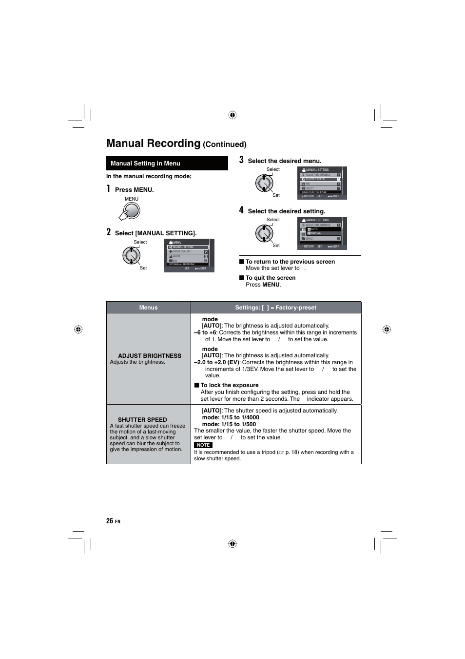 Manual recording, Continued) | JVC Everio GZ-HD10 User Manual | Page 26 / 68