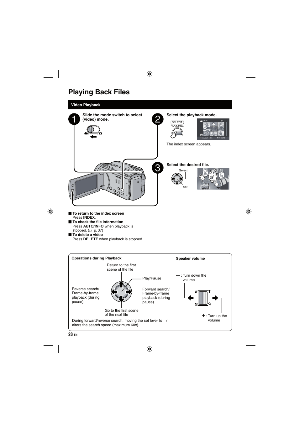 Playing back files | JVC Everio GZ-HD10 User Manual | Page 28 / 68