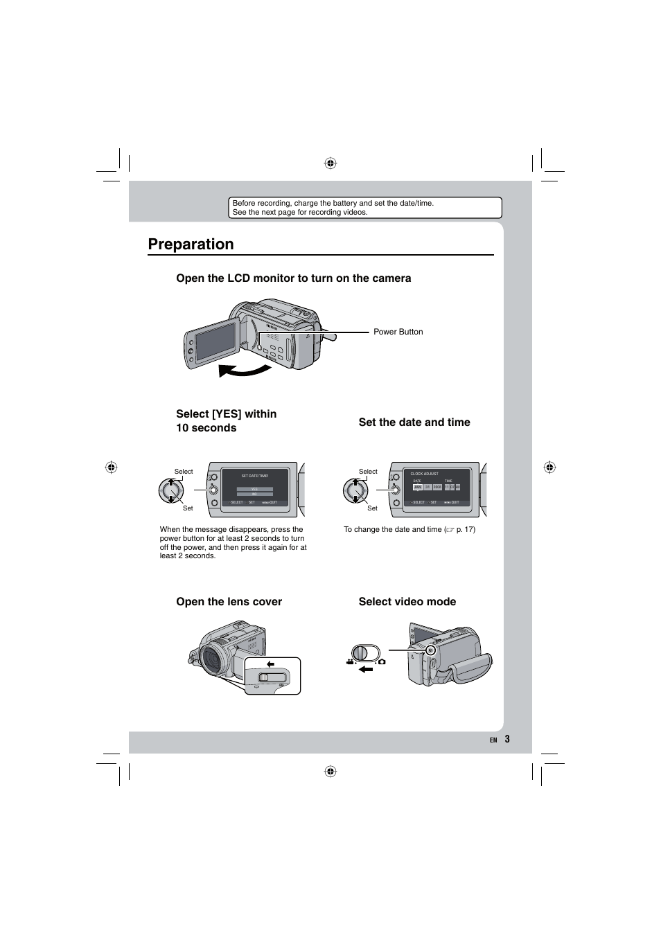 Preparation, Set the date and time, Open the lens cover select video mode | JVC Everio GZ-HD10 User Manual | Page 3 / 68