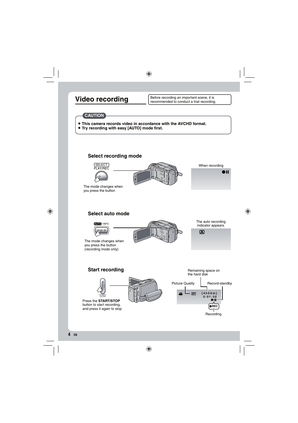 Video recording, Select recording mode, Select auto mode | Start recording | JVC Everio GZ-HD10 User Manual | Page 4 / 68