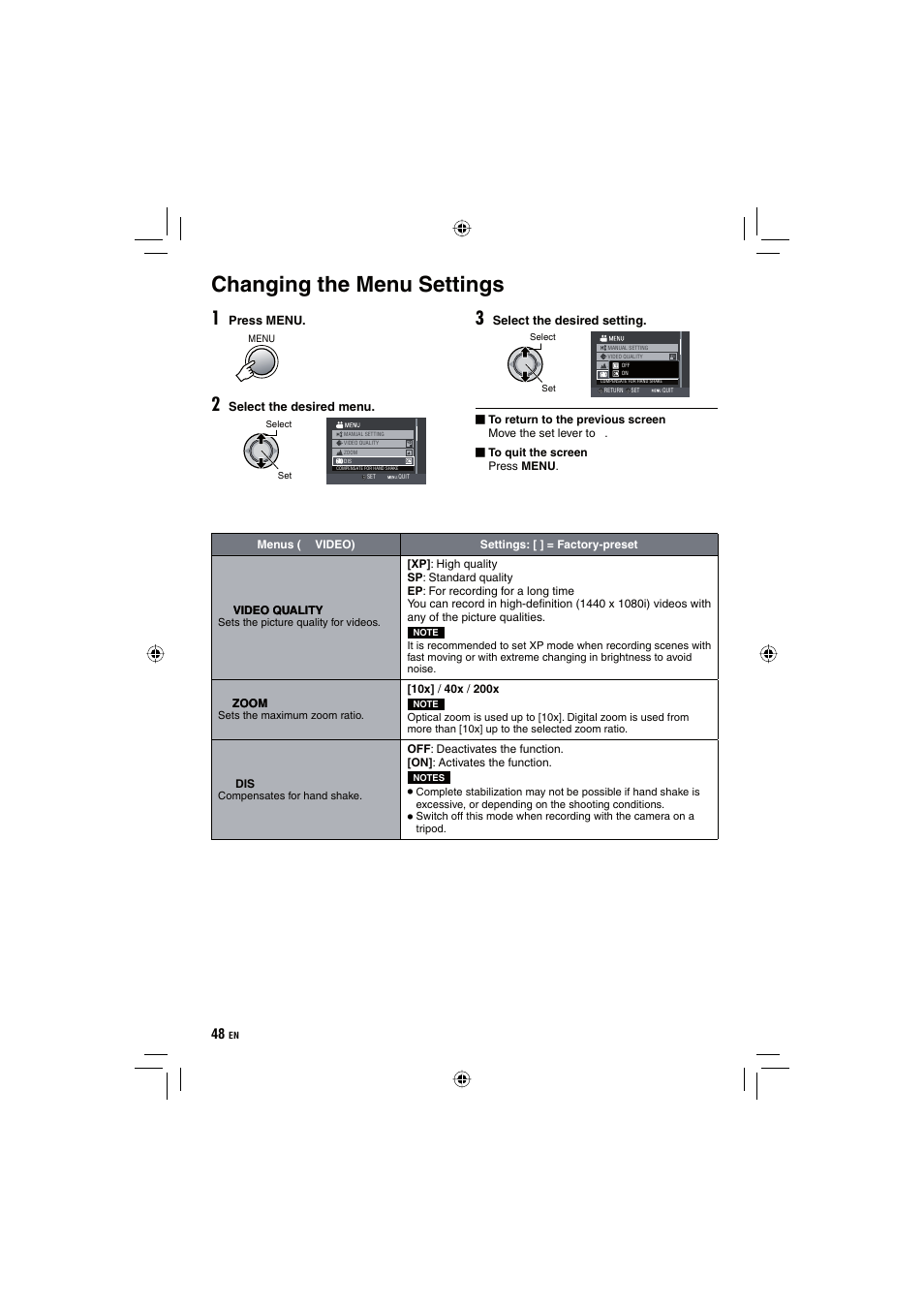 Changing the menu settings | JVC Everio GZ-HD10 User Manual | Page 48 / 68