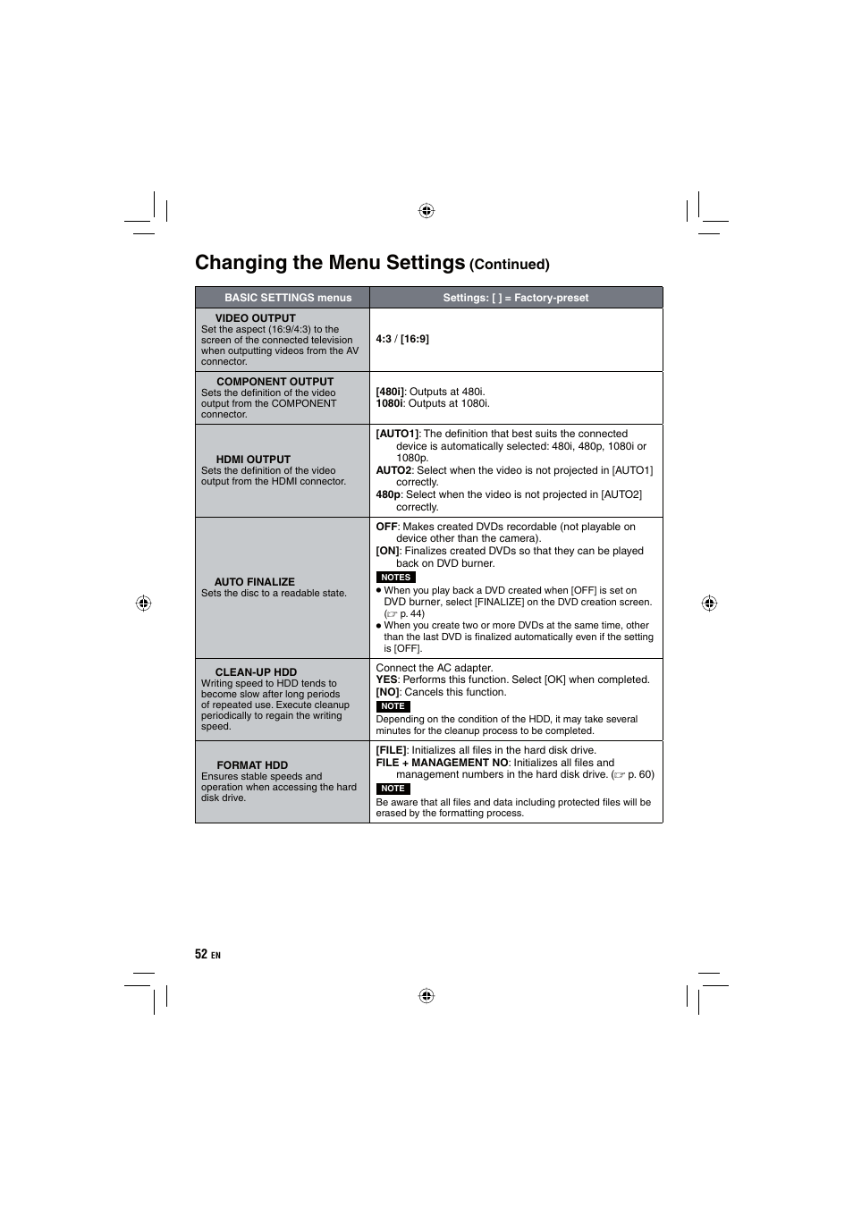 Changing the menu settings, Continued) | JVC Everio GZ-HD10 User Manual | Page 52 / 68