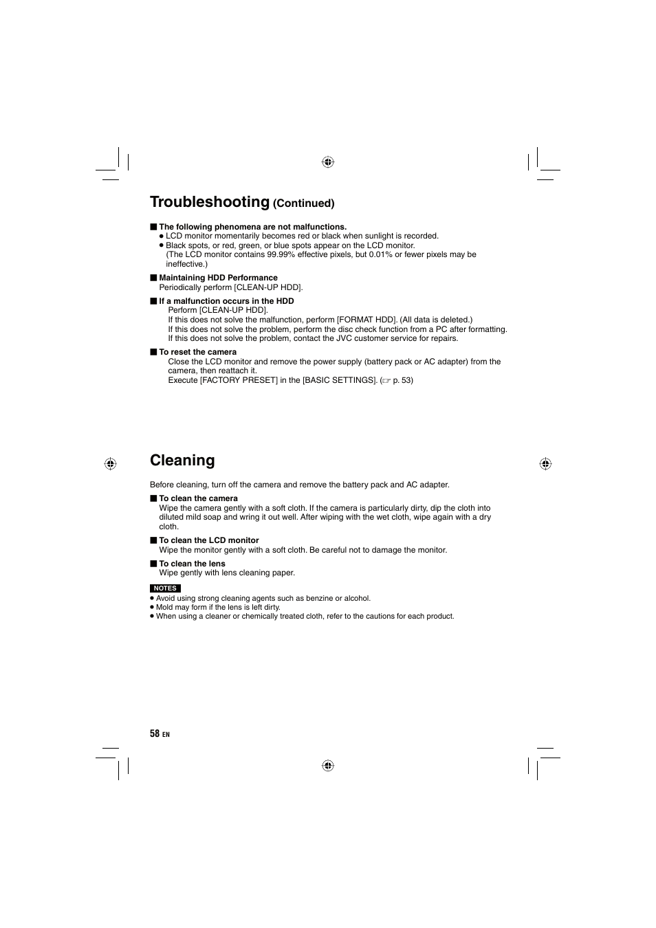 Cleaning, Troubleshooting | JVC Everio GZ-HD10 User Manual | Page 58 / 68