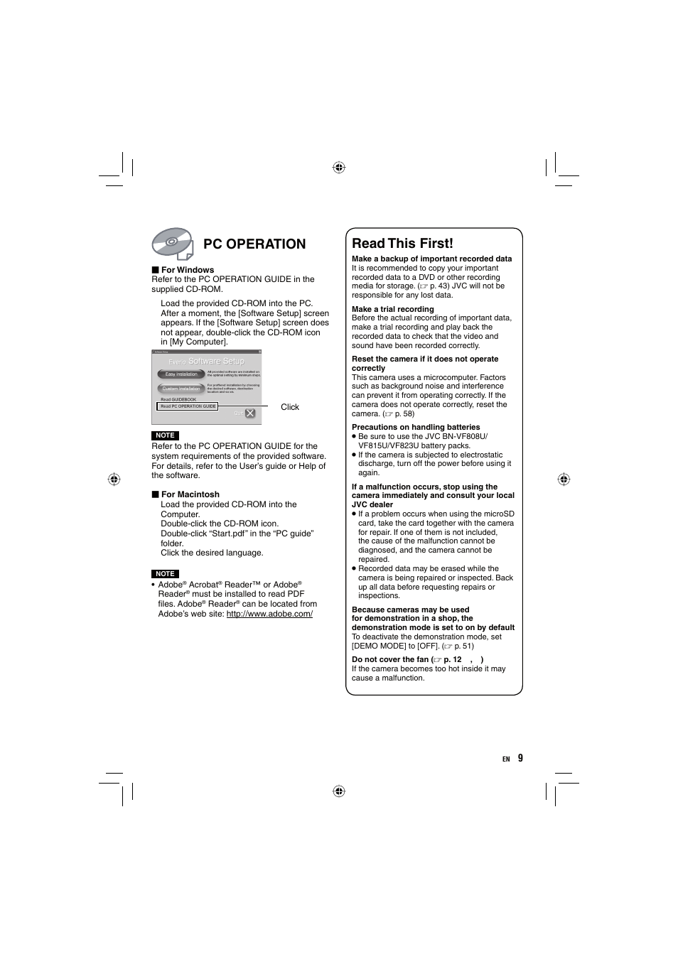 Read this first, Pc operation | JVC Everio GZ-HD10 User Manual | Page 9 / 68