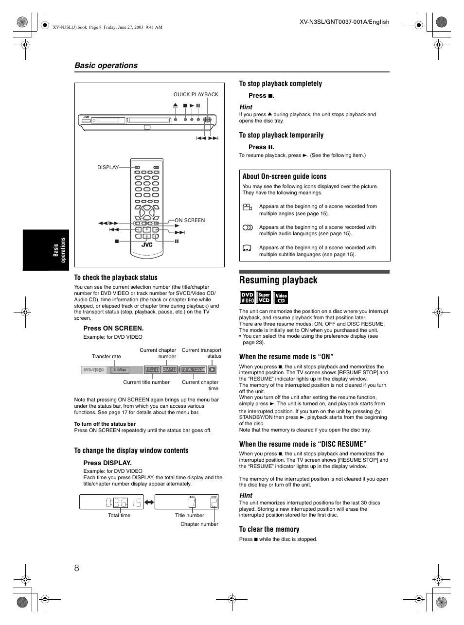Resuming playback, Basic operations | JVC XV-N3SL User Manual | Page 10 / 36