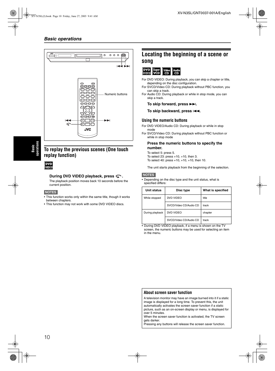 Locating the beginning of a scene or song, Basic operations | JVC XV-N3SL User Manual | Page 12 / 36