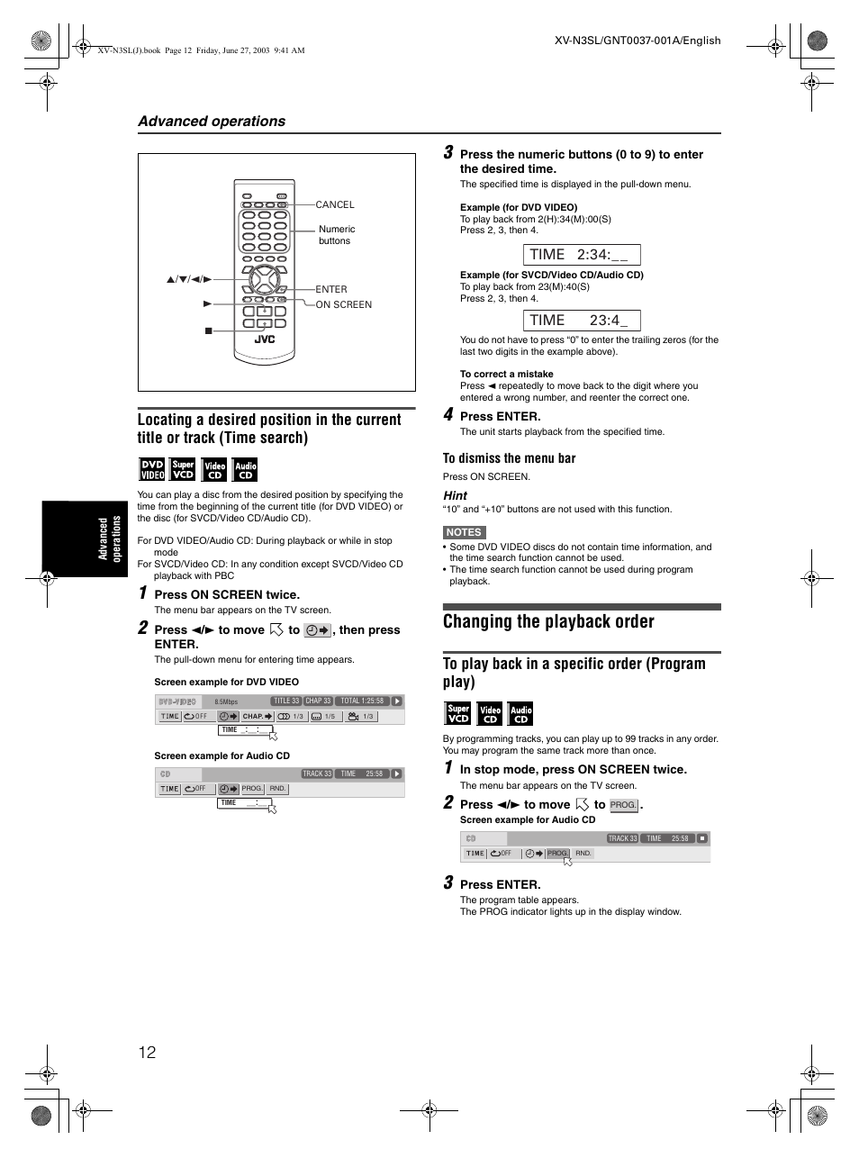 Changing the playback order, Advanced operations | JVC XV-N3SL User Manual | Page 14 / 36