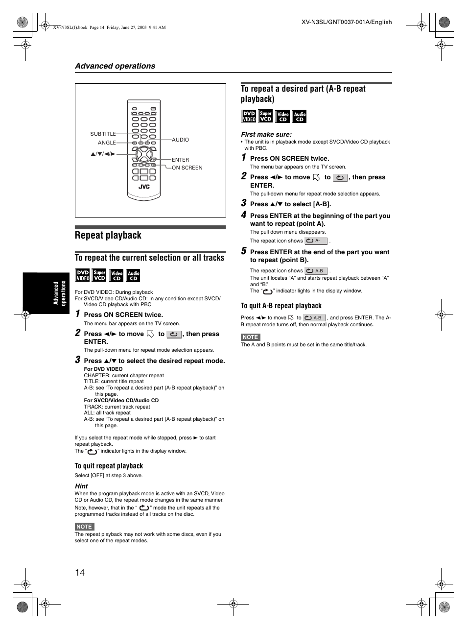 Repeat playback, Advanced operations | JVC XV-N3SL User Manual | Page 16 / 36